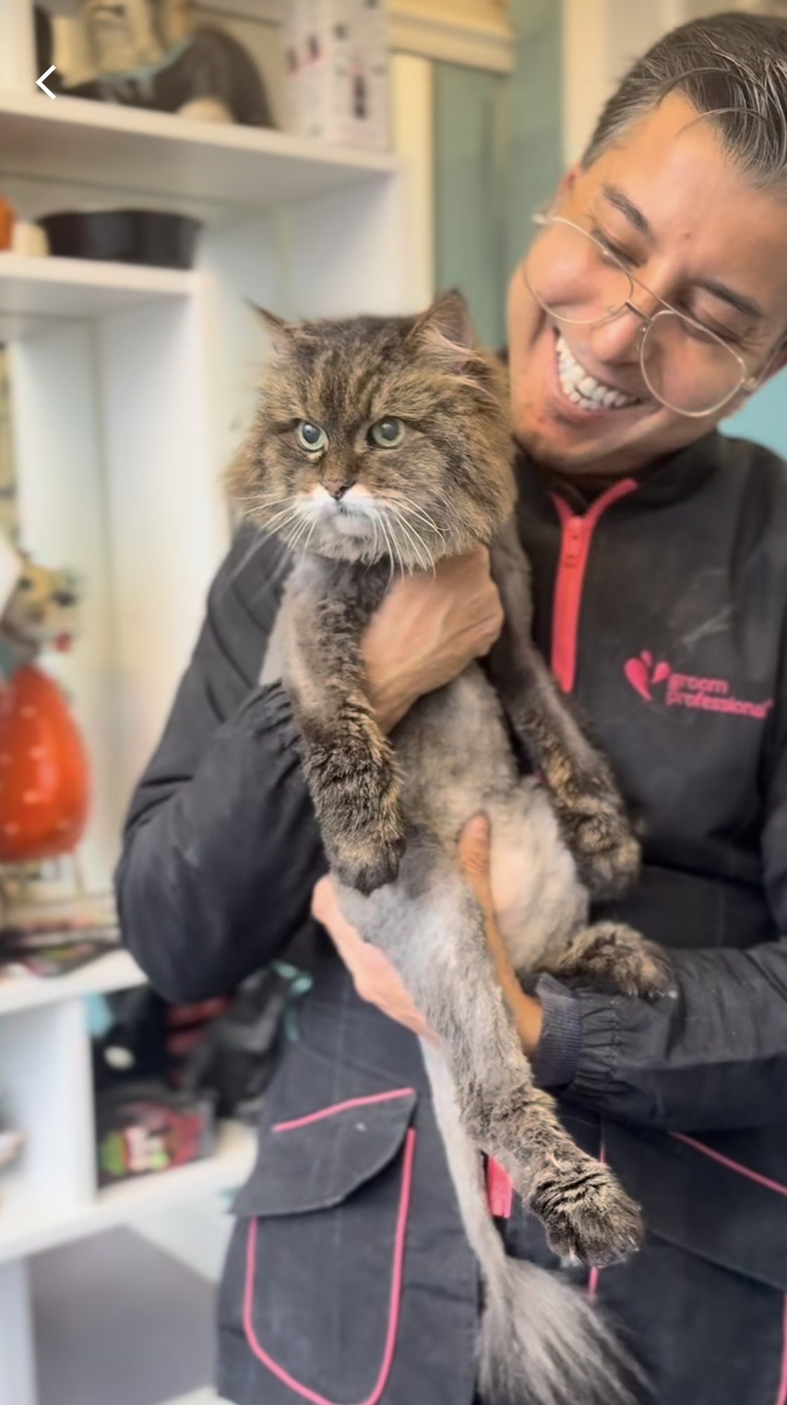 Thiago, our resident cat whisperer, with a happy long-haired cat